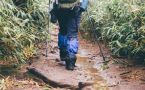 A hiker walking a muddy path