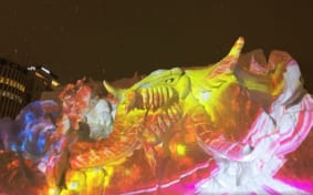 Ice sculpture of a towering dragon from the Final Fantasy game series