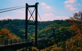 Long foot bridge spanning a valley, with beautiful autumn colors