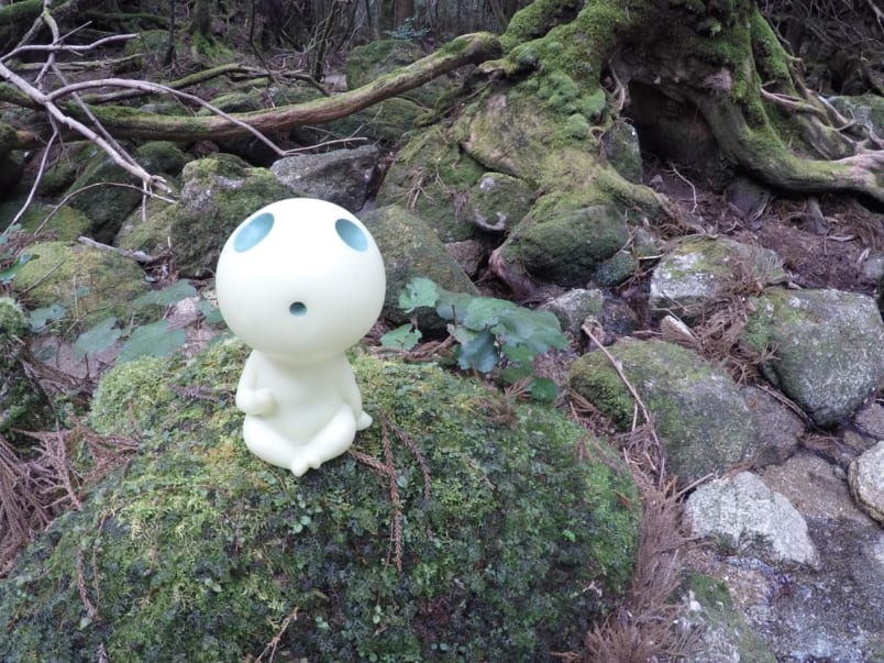 Kodama doll on moss-covered rock